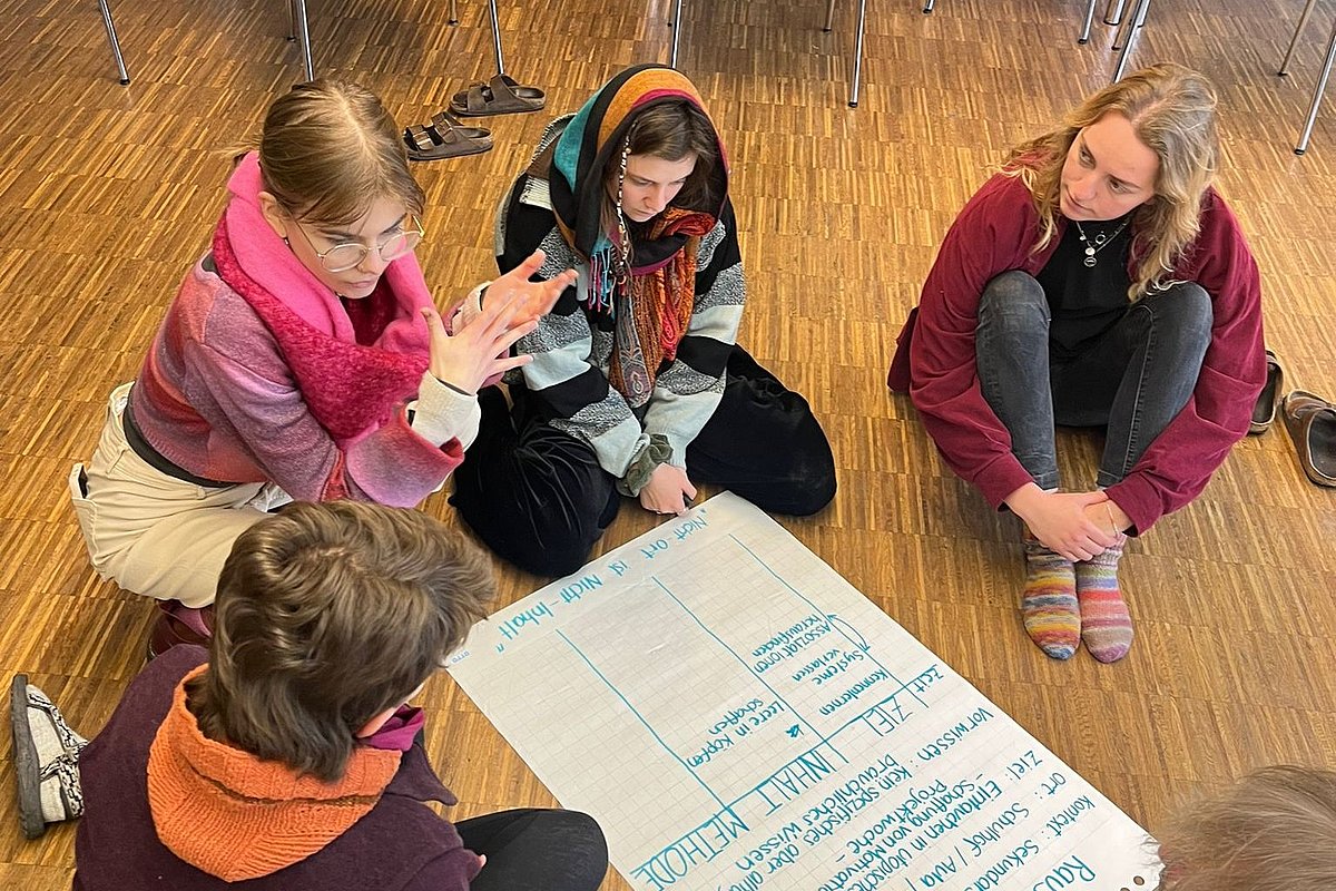 The picture shows five people. They are sitting on the floor around a poster and talking to each other.