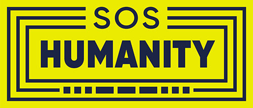 Schwarze Schrift auf gelbem Hintergrund: SOS HUMANITY